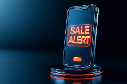 Smartphone with glowing Sale Alert text. Mobile shopping, digital marketing promotion, e-commerce notifications, Black Friday, Cyber Monday, seasonal sales. Online business technology advertising.