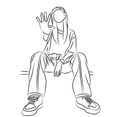  Minimalist Line Art of a Woman in Jeans and Sneakers
