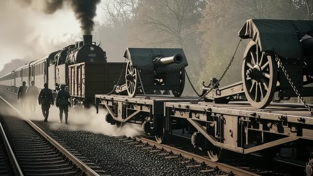 Oldtime military train navigates misty countryside with heavy smoke
