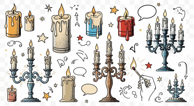 A captivating collection of vintage hand-drawn candles and candelabras on transparent backdrop