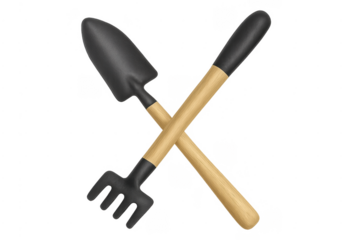 Gardening hand trowel and rake crossing, transparent background