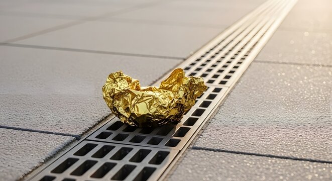 A crumpled piece of gold foil resting on a drainage grate on a tiled outdoor surface during sunlight - Powered by Adobe