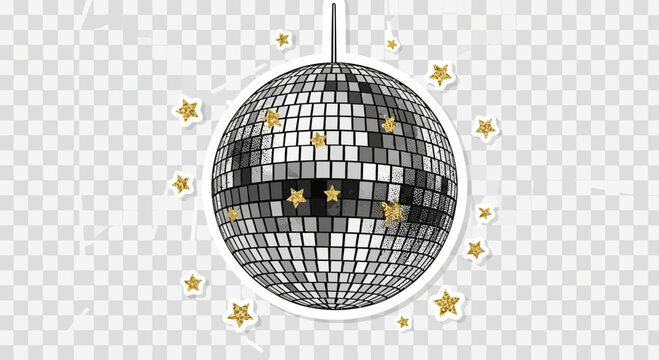Shiny disco ball with sparkling golden stars against a transparent background