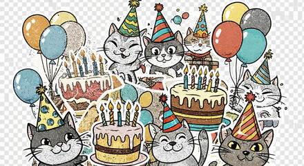 Obraz premium Festive birthday celebration with party cats balloons and cakes illustration design