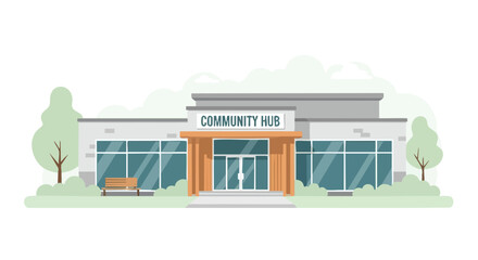 Inviting community hub illustration with clean lines and welcoming architectural style that reflects modern approach to local resources