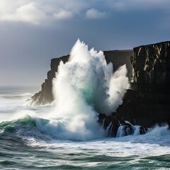 Powerful ocean waves crashing against rugged cliffs during a stormy day with dark clouds overhead