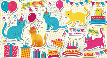 Colorful and festive birthday celebration with cats, balloons and gifts illustration