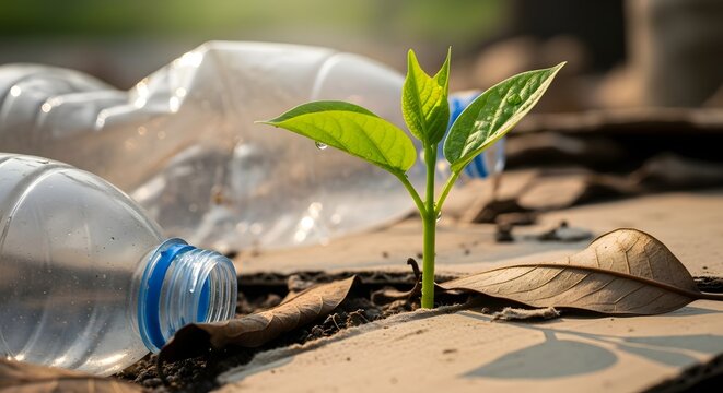 A young green plant growing amidst discarded plastic bottles and dry leaves, highlighting environmental pollution and the importance of sustainability