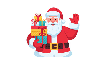 Jolly Santa Claus Waving with Stack of Colorful Gifts