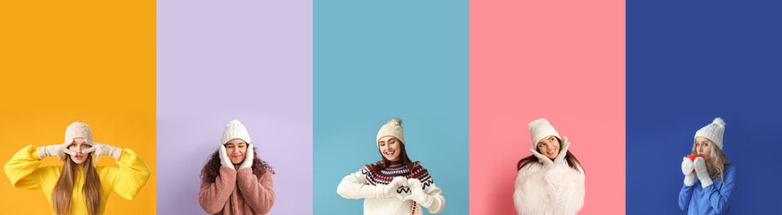 Collage of stylish young women in winter clothes on color background