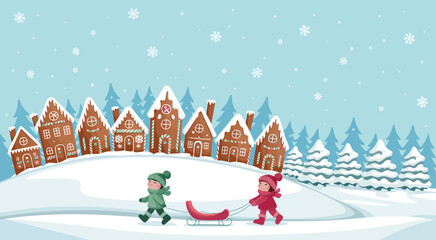 Festive winter scene vector featuring a quaint gingerbread house village under falling snow, with two children and suitcase, evoking holiday travel, seasonal joy, and cozy Christmas atmosphere