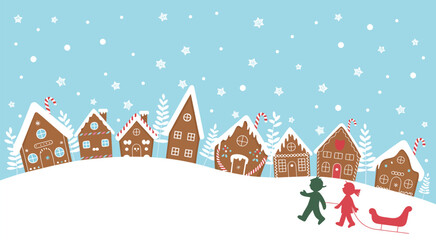  Festive Christmas village scene with gingerbread houses, falling snow, and children carrying suitcase, perfect for holiday greeting cards, seasonal posters, winter travel illustration