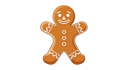 A gingerbread man cookie stands upright decorated with white icing