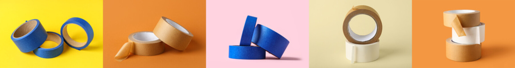 Set of masking tape on color background