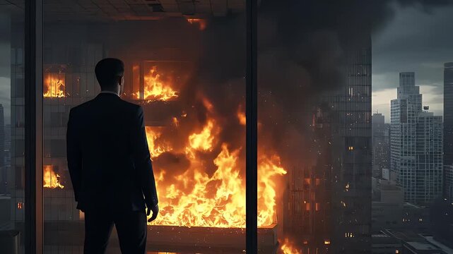 Businessman in Suit Watches Office Building Fire Explode with Intense Orange Flames and Black Smoke Against a Cloudy Cityscape and Tall Skyscrapers Dramatic Disaster Scene
