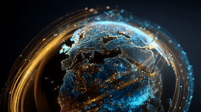 The world map is woven with digital fibers around the globe, like the global internet infrastructure. - Powered by Adobe