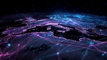 glowing ai data paths around holographic earth map, cyber global network visualization