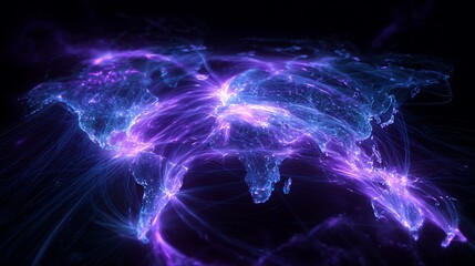 glowing ai data paths around holographic earth map, cyber global network visualization
