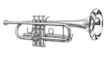 Fototapeta premium Black and white pencil sketch of a New Year’s trumpet with fine shape details and soft reflections on a plain white background.