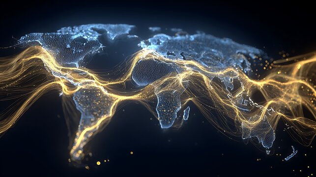 Energy lines flowing through continents around the world symbolize communication and finance.