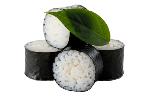 Four pieces of sushi with a green leaf maki nori