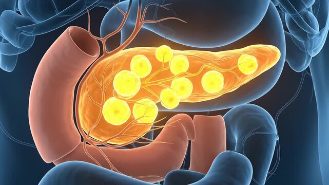 Realistic 3D Medical Animation of the Human Pancreas Showing Tumors or Nodules with Surrounding Organs in Blue Transparent Body Outline Dramatic Lighting Health Care Science Concept