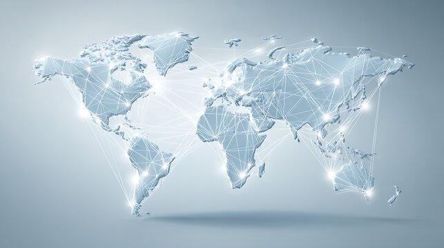 Minimalist world map with connecting lines, emphasizing cleanliness, elegance and modernity.