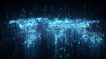 world map background with flowing binary code and glowing connection lines, digital technology and data transfer concept