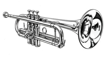 Obraz premium Black and white pencil sketch of a New Year’s trumpet with fine shape details and soft reflections on a plain white background.