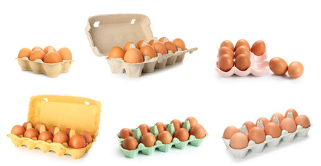 Set of many chicken eggs on white background