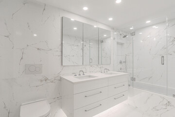 Modern White Marble Bathroom with Double Vanity and Glass Shower