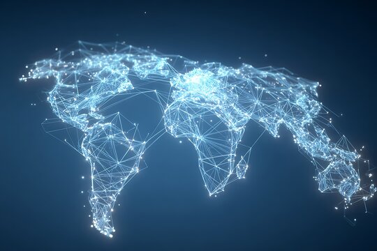 Transparent floating world map overlay on technology background with glowing lines connecting.