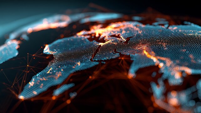 world map background with flowing binary code and glowing connection lines, digital technology and data transfer concept