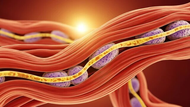 Microscopic View Of Muscle Fibers With Contractile Proteins And Sarcomeres In Bright Golden Light And Dark Red Background Scientific Animation