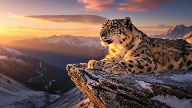 Majestic Snow Leopard Resting on a Snowy Rocky Outcrop at Golden Hour in a Vast Mountain Range with Dramatic Sunset Sky and Wispy Clouds