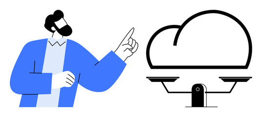 Naklejka premium Person pointing toward cloud and scale, symbolizing balance in cloud technology, scalability, innovation. Ideal for data management, digital transformation, IT services, cloud computing, analytics