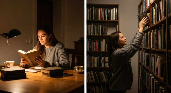 Youg woman reading book at library, bookstore while buying some good literature, read books to broaden your knowledge