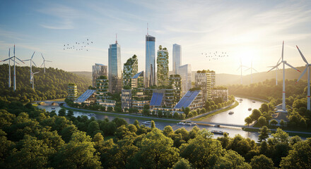 Modern smart city powered by a decentralized energy grid with solar panels and wind turbines, connected through illuminated paths symbolizing energy flow at sunset.