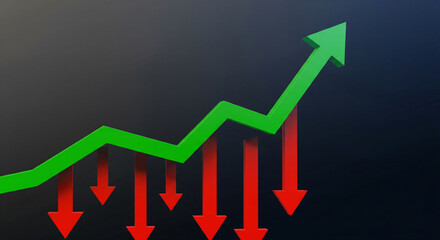 Two contrasting arrows, one green pointing up and one red pointing down, illustrate opposing trends in finance or business, set against a light blue background