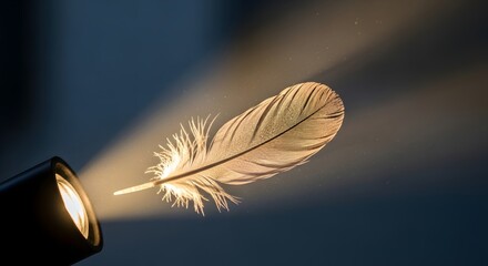 A close-up of a delicate feather illuminated by a focused light source against a dark background, highlighting its fine details and soft texture