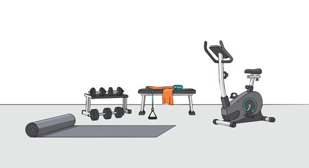 Indoor Gym Setup with Exercise Bike, Weights, Bench and Yoga Mat for Fitness Regimen Training and Workout Routine