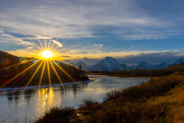 Gorgeous Sunset View of Mount Moran at Grand Teton National Park from Oxbow Bend with Sun Spikes
