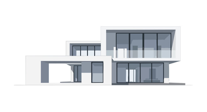 Modern minimalist home design with clean geometric shapes featuring expansive glass windows creating architectural simplicity and elegance