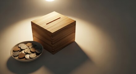 Wooden donation box with coins in a small bowl, concept of saving and charity