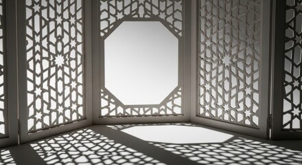 Intricate geometric patterns cast shadows on a white wall and floor, creating a mesmerizing visual effect