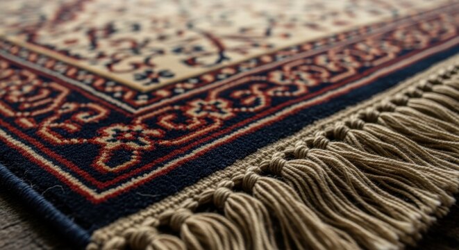 Closeup of a persian rug with intricate floral patterns and a fringed edge