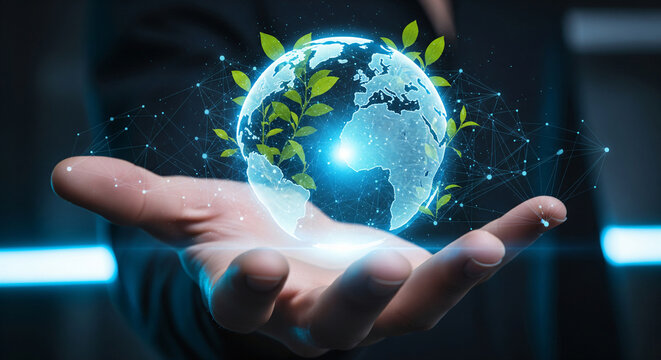 Human hands holding a globe of the earth and a heart-shaped tree against a blurry green background. Concept image for World Environment Day