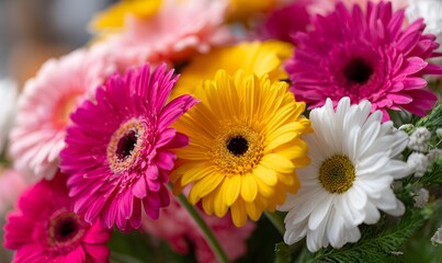 a vibrant bouquet of colorful gerbera daisies, arranged in an aesthetically pleasing composition. the flowers feature bright colors like pink, yellow, and white, with delicate petals that add depth to