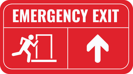 Red Emergency Exit. fire exit sign. A red and white fire exit sign with arrows pointing to a door. Red emergency exit sign with a running person pictogram and a white arrow pointing down. 