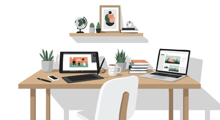 Fototapeta premium Digital workspace illustration featuring a laptop, tablet, drawing pad and office supplies in a modern minimalist aesthetic